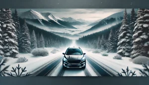 Car driving in snowy Colorado mountains